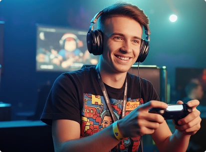 Een gamer zit achter een computer met meerdere beeldschermen en speelt een videogame in een met neon verlichte gameroom