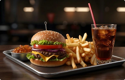 Een smakelijke hamburger met kaas, frietjes en een glas cola op een dienblad in het restaurant.