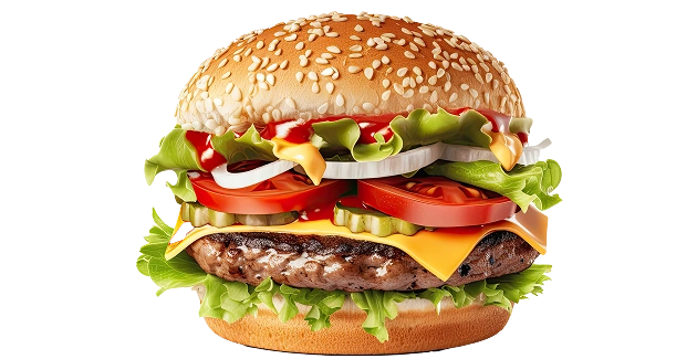 Een sappige hamburger met een hamburger, groene salade en kaas.