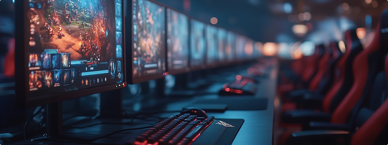 Een rij gaming-pc’s en monitoren in een esports-arena, met verlichte toetsenborden en stoelen.