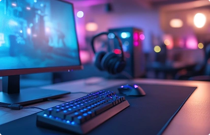 Een gaming-bureau met monitor, mechanisch toetsenbord, muis en hoofdtelefoon met neonverlichting.