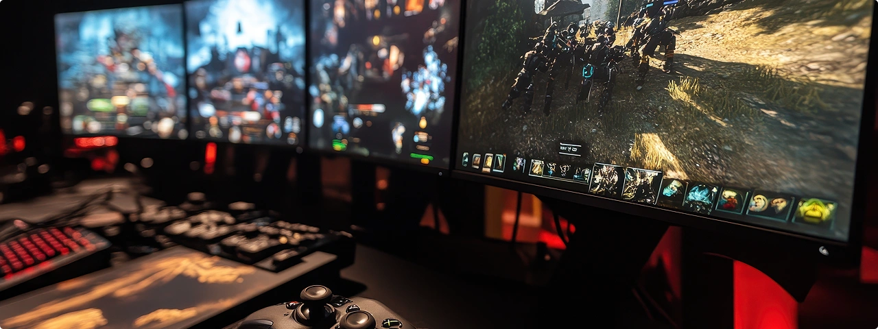 Gamingopstelling met meerdere beeldschermen, toetsenbord en controller waarop actiegames worden weergegeven.