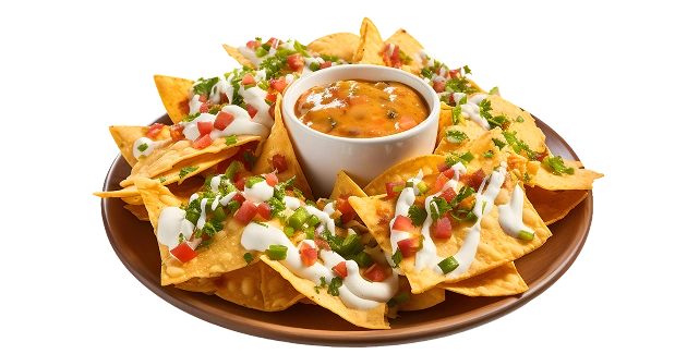 Op een groot houten bord liggen nacho's met kaas en saus in het midden.