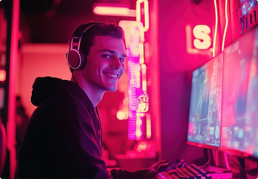 Een jonge man met een koptelefoon zit glimlachend achter de computer in een kamer met felle neonrode verlichting.