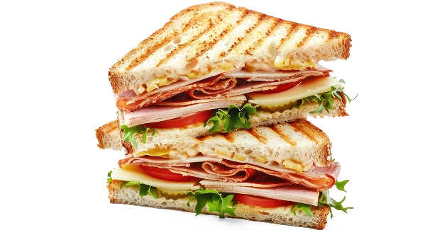 Twee helften van een sandwich op knapperig geroosterd brood met groenten en stukjes kip.