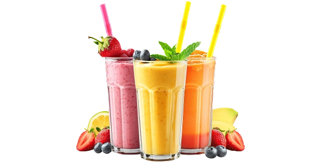 Drie glazen met verschillende smaken staan tegen een achtergrond van vers fruit.