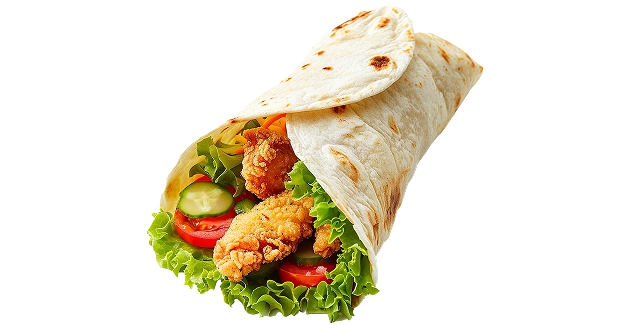 Wrap in pitabroodje met kip, tomaten en kruiden.